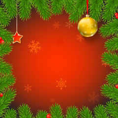 Christmas background with fir branches, red viburnum berries, Christmas balls, beads, a red star with ash trim, New Year ornaments and streamers on red background, 3D illustration