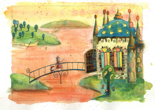 Hand Drawn Illustration. A Fairy Tail Castle In A Magic Colorful Country. A Girl And Nutcracker Are Walking Through The Bridge To The Magic Palace Made From Sweets And Caramel.  Time Of Magic Stories.