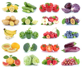 Obst und Gemüse Früchte Apfel Erdbeeren Zitrone Tomaten Farben Collage Freisteller freigestellt isoliert