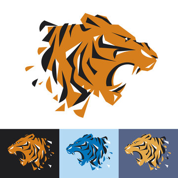 Head of tiger is a logo template for the corporate identity of the company's business, sports club, brand of clothing or equipment. The tiger growls, opened its toothy mouth. Male serious logo.