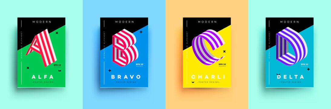Modern Typographic Colorful Covers. Isometric Letters A, B, C, D With Abstract Memphis Design Background. Vector Trendy Template For Your Posters, Banners, Presentations, Layouts