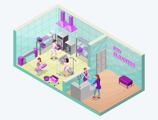 Dry cleaners or laundry service isometric 3d illustration with washing and ironing machines, laundress, baskets, detergent, vector interior of clothes cleaning shop