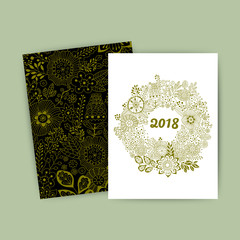 Vector doodle flowers colorful circular Christmas wreath with flowers and central white copyspace for your text. Vector handdrawn sketch. Pattern under mask