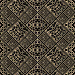 Seamless pattern oriental ornament. Black and golden textile print. Islamic vector design. Floral tiles.