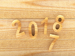 Wooden numbers 2018 and 2017 on a wooden background. 3D illustration