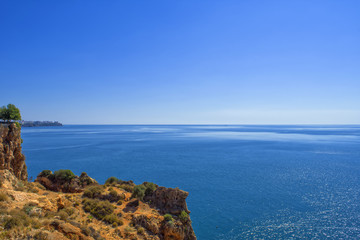 Fototapeta premium Panoramic view Mediterranean Sea from the Beach park. Antalya, Turkey