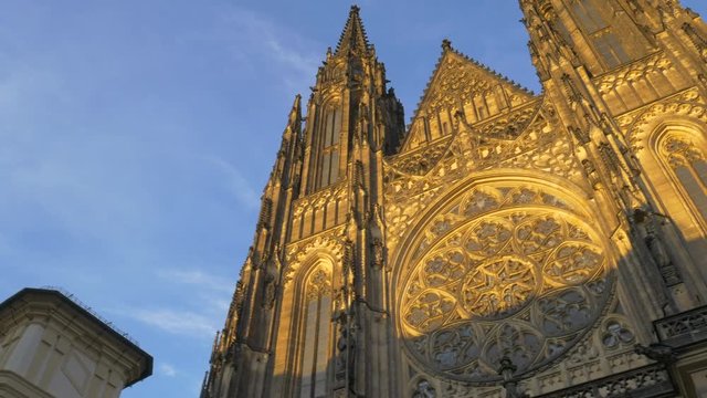 Shot of twin west spires and rose window on Basilica of St George in Prague Castle