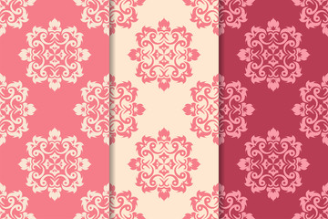 Set of red floral ornaments. Cherry pink vertical seamless patterns. Wallpaper backgrounds
