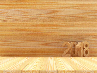 Wooden number 2018 on the background of a wooden floor and a wall with space for text. 3D illustration