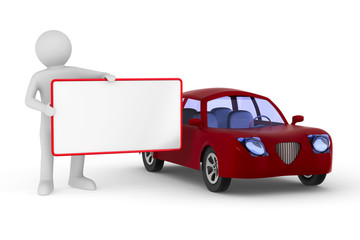 Man with banner and red car on white background. Isolated 3D illustration
