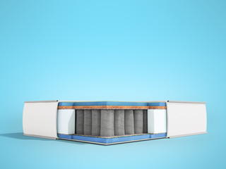 Modern white orthopedic mattress in section with blue filler 3d render on blue background - obrazy, fototapety, plakaty