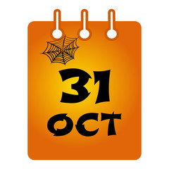 October 31 st calendar colored icon. Halloween. Black inscription with cobweb on orange background. Vector illustration