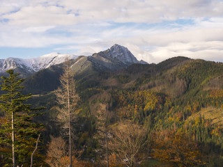 Morning in the mountains, autumn, peaks in the snow, autumn colors.
