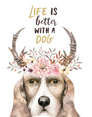 Fototapety  Zbliżenie akwarela portret ładny pies. Na białym tle. . Ręcznie rysowane słodki domowy zwierzak. Kartka z życzeniami dekoracja przedszkola dla zwierząt