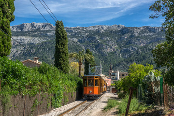 Vintage tram in Soller Majorca, Mallorca island, Balearic Islands, Spain. Mountains beautiful landscape