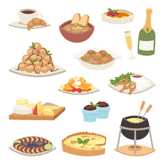 French cuisine traditional food delicious meal healthy dinner lunch continental Frenchman gourmet plate dish vector illustration.