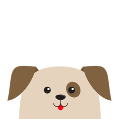 Dog puppy head looking up. Cute cartoon character. Pet baby collection. Mouth with tongue. Eyes spot. Isolated. White background. Flat design.