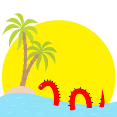 Water monster thorns, eye, tail Swimming floating Sea ocean sunset palm island. Snake shape. Loch Ness Nessy fictional creature. Cute cartoon character. Baby collection. Flat design. White background