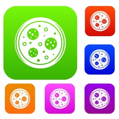 Tasty pizza with sausage and olives set color collection