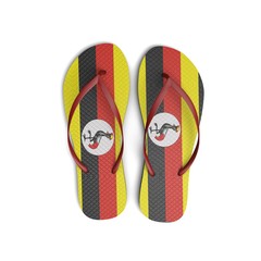 Uganda flag flip flop sandals on a white background. 3D Rendering