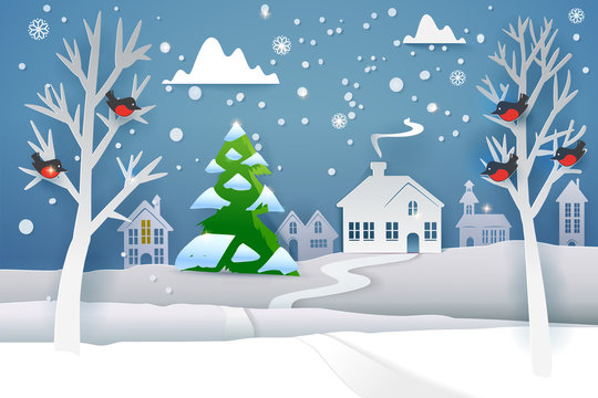 Paper cut and craft winter landscape with evergreen tree, house, snowman, moon and snowflakes. Holiday nature and christmas tree. Web banner. Vector illustration. Merry Xmas. Outdoor design