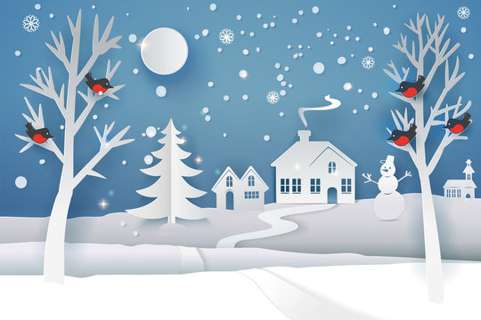 Paper cut and craft winter landscape with evergreen tree, house, snowman, moon and snowflakes. Holiday nature and christmas tree. Web banner. Vector illustration. Merry Xmas. Outdoor design © appler