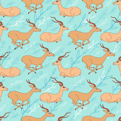 Seamless pattern, Decorative Gazelle hand drawn vector cartoon doodle animal illustration, running and sitting African safari antelope with curved horn, line art flowers isolated on blue background