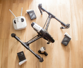Professional camera drone with remote control, battery and camera.