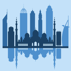 Obraz premium Ilustracja wektorowa sylwetka drapacze chmur w Zjednoczonych Emiratach Arabskich. Budynki Dubaju i Abu Dhabi.