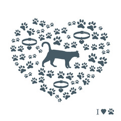 Silhouette walking cat inside the heart from tracks and collars. Health care, vet, nutrition, exhibition.