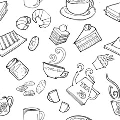 various coffee,cake,cupcake,Sandwich,cookie , appetizer and beverage seamless pattern sketch drawing line vector with white background