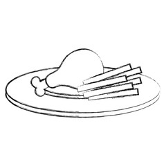 dish with chicken thigh and french fries