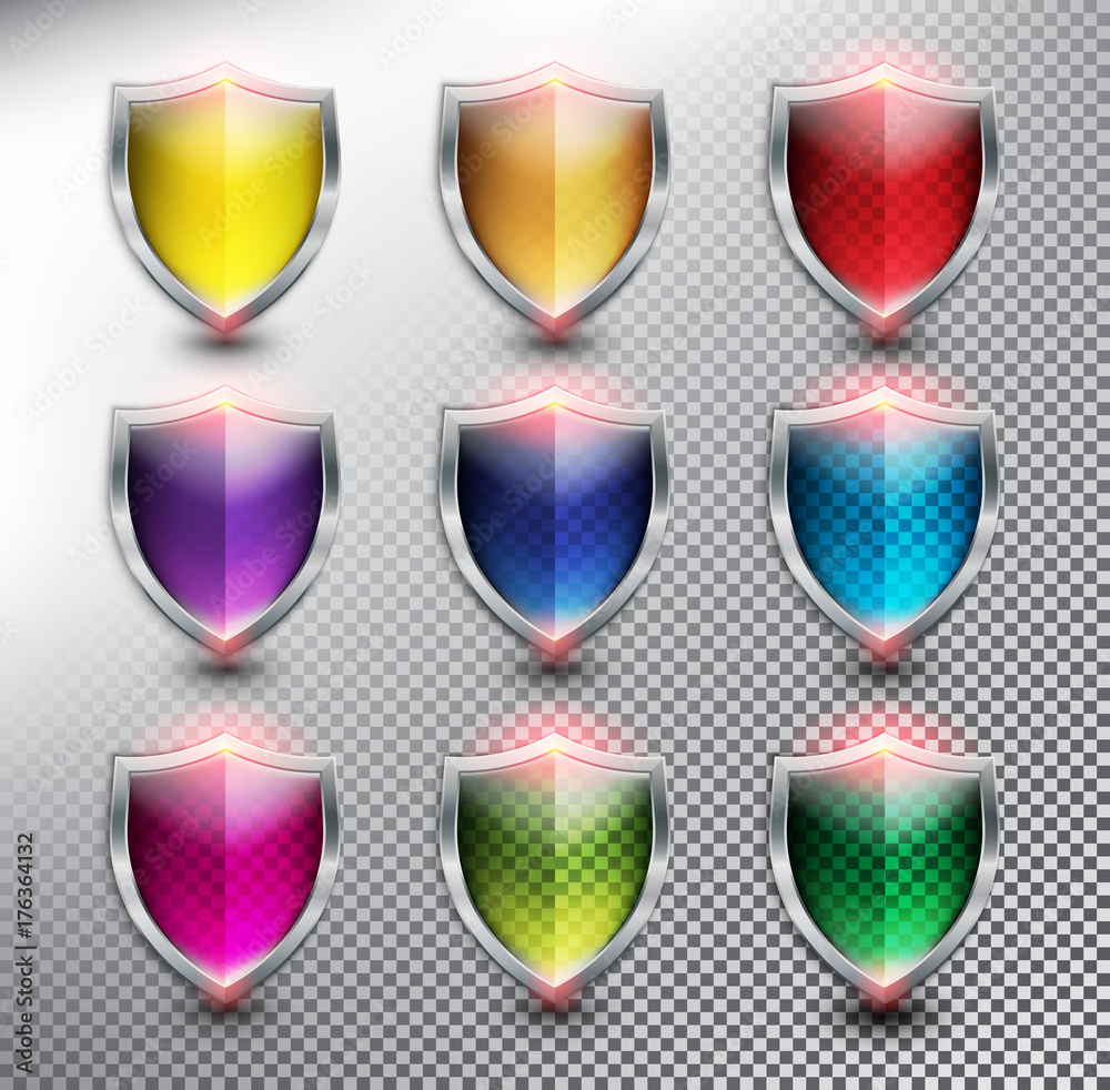Wall mural collection of 9 blank protection shields. shield icons in 9 different colors. transparent and isolat