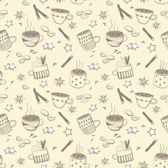 Stoffe zum Nähen Doodles Kaffeeservice. Vektor zum Frühstück