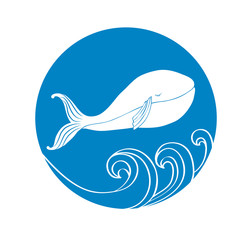 Whale, white line wave cartoon illustration isolated on blue background, vector doodle animal, round frame, Character design for greeting card, children invitation, baby shower, advertising travel