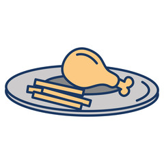 dish with chicken thigh and french fries