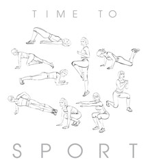 A young athlete performs exercises. Set of vector sketches of illustrations. Sport and a healthy lifestyle