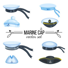 Marine caps, sailor hat, peaked cap with cockade, nautical badge with anchor, panama with bell, cocked hat isolated on white background, cartoon vector illustration cloth design, sea symbol accessory