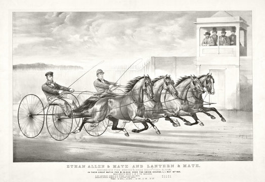 Old illustration of a trotting horse chariots. By Cameron, publ, in New York, ca. 1870