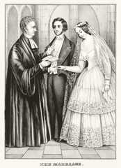 Fototapeta na wymiar Old illustration executed in gray scale of a priest celebrating a marriage with a couple. 