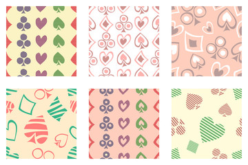 Set of seamless vector patterns with icons of playings cards. background with hand drawn symbols. Decorative repeat ornament. Series of Gaming and Gambling Seamless vector Patterns.