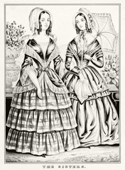 Vintage illustration in gray tone of two young ladies wearing ancient clothes
