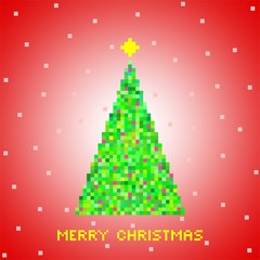Red Christmas greeting from green Christmas tree of green pixels, small green squares with red squares with yellow star and snow on a red square and red lettering Merry Christmas 