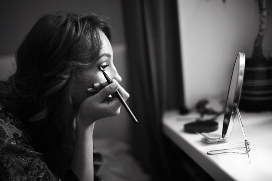 Girl Doing Makeup At Home Painting, Mirror