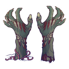 Pair of zombie hands rising from the ground and torn apart. lifelike depiction of the rotting flash with ragged skin, protruding bones and cracked nails. Conceptual art. EPS10 vector illustration