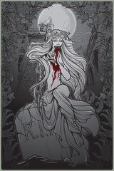 Dead bride. Zombie girl with a sewn up mouth, blood stained hands and dress sitting on a toumbstone. Gothic style poster with decorative frame and background. EPS10 vector illustration
