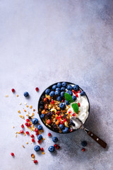 Tasty homemade granola, yogurt, fresh organic berries, pomegranate, mint on grey concrete background with copy space, top view.