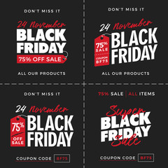 Set of Black Friday Super Sale Promotion with Price Tag Element Inscription Design Template Banner, Badge, Sticker, Cover, Poster, Flyer Collection