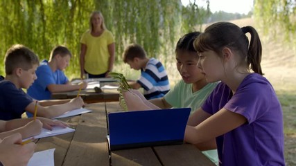 Two girls sit at wooden table and study a fern frond during an outdoor class at summer camp. Medium long shot with other students in background. 4K