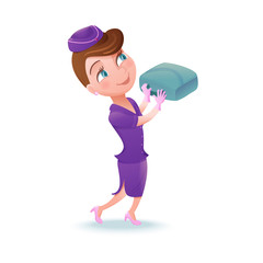 Stewardess cartoon character, airline crew member, cute girl in violet uniform helping with bags, vector illustration
